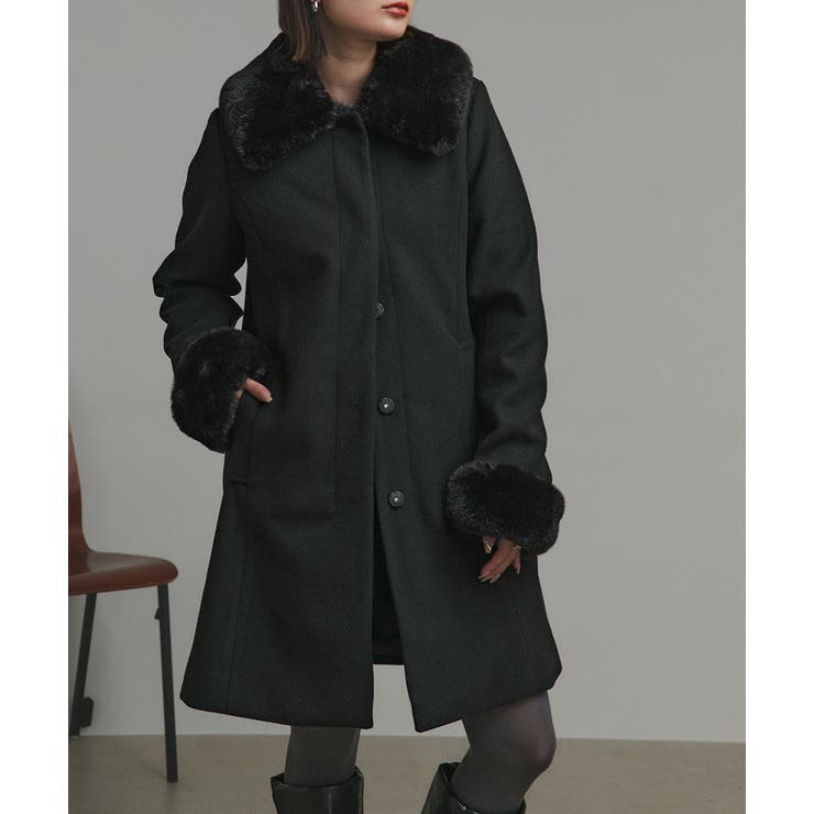 ブラック | ファーカラー2WAYミドルコート | ad thie