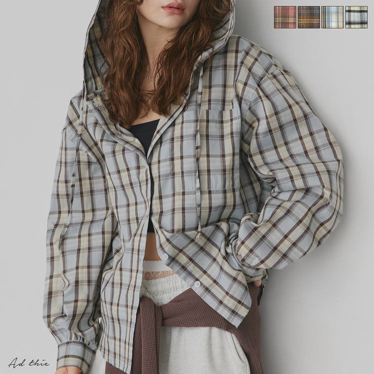 【2026SS新作】フード付きオーバーサイズチェックシャツ | ad thie | 詳細画像1 