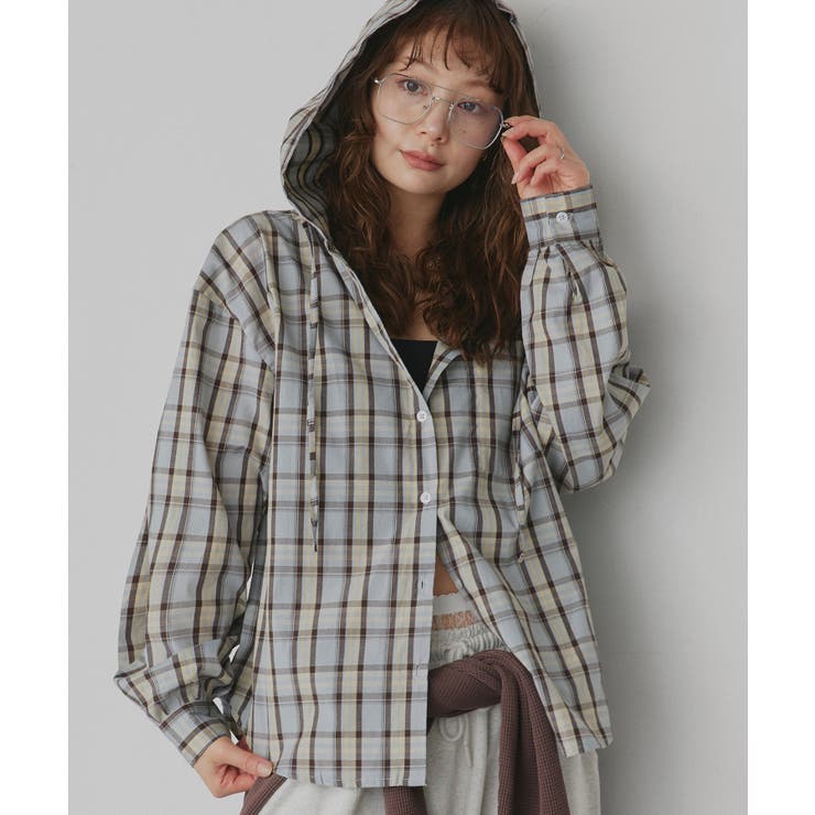 ライトブルー | 【2026SS新作】フード付きオーバーサイズチェックシャツ | ad thie