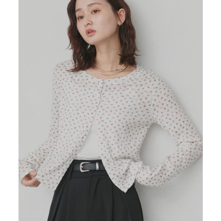 オフホワイト | 【2026SS新作】小花柄透かし編みニットカーディガン リブキャミソールセット | ad thie