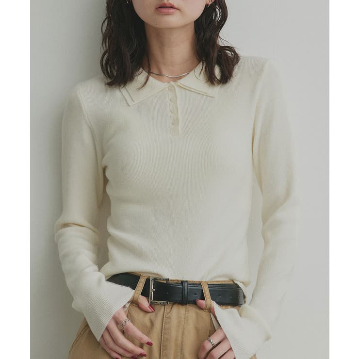 オフホワイト | 【2026SS新作】ダブルカラーポロニットトップス | ad thie