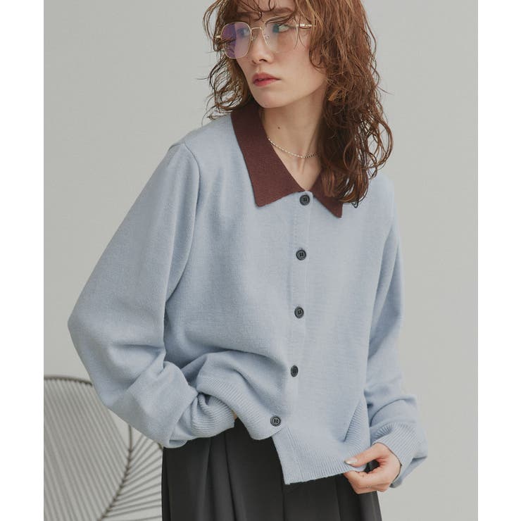 ライトブルー | 【2026SS新作】バイカラーポロニットカーディガン | ad thie