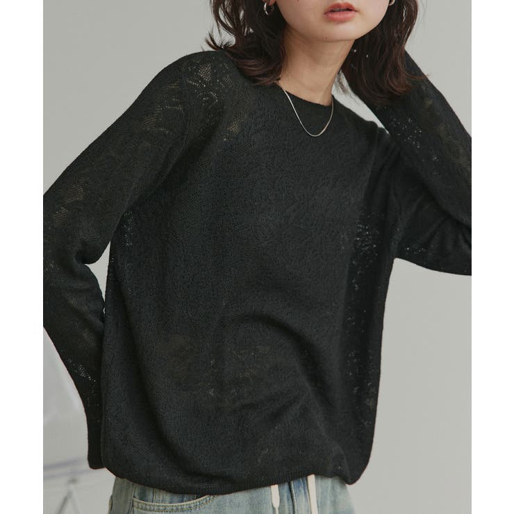 ブラック | 【2026SS新作】透かし柄編みラメニットトップス | ad thie