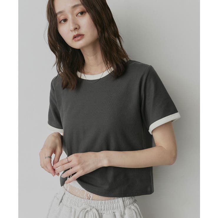 チャコール | 【2026SS新作】ショート丈 リンガーデザインTシャツ | ad thie