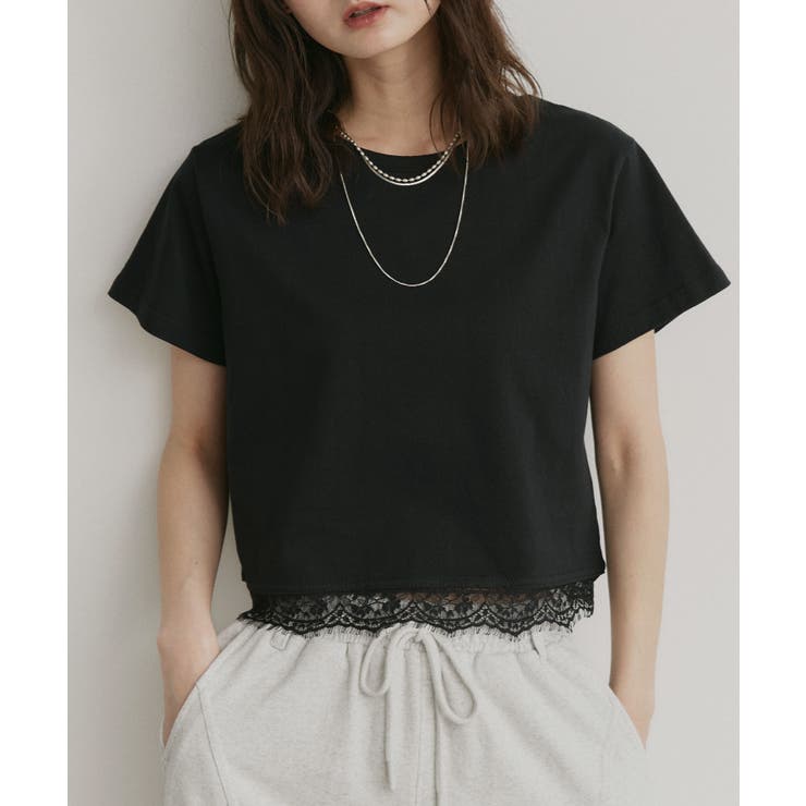 ブラック | 【2026SS新作】レースドッキングショート丈Tシャツ | ad thie