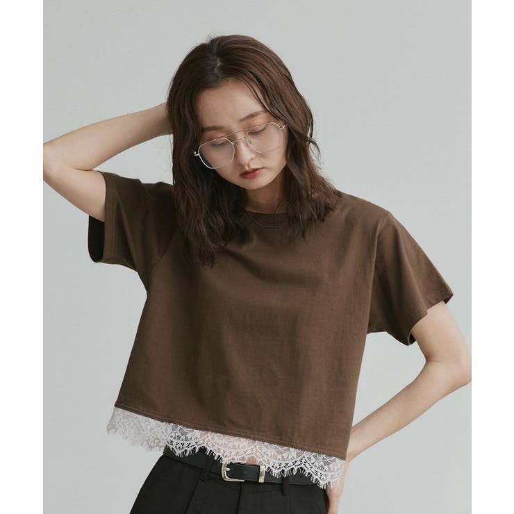 ブラウン | 【2026SS新作】レースドッキングショート丈Tシャツ | ad thie
