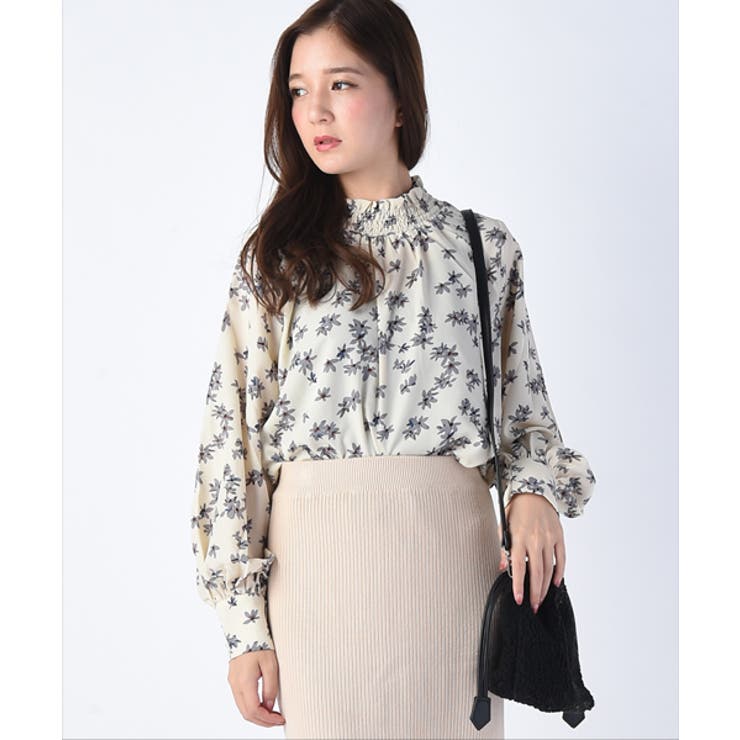 シャーリングハイネック花柄ブラウス[品番：ADEW0000084]｜ad