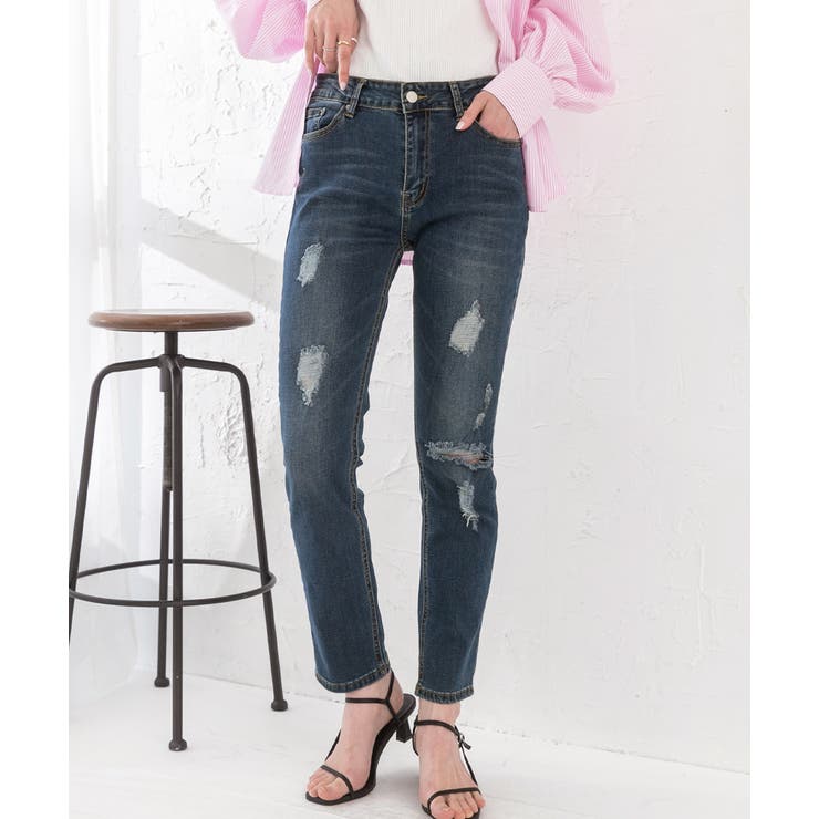 ネイビー | ストレッチダメージスキニーパンツ スキニー ボトム | ad thie