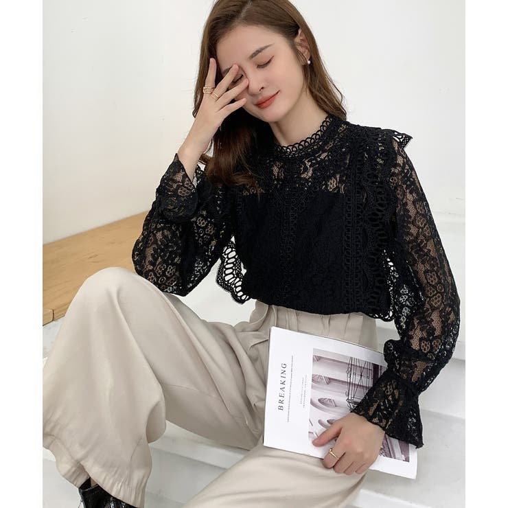 長袖レースロングTシャツ パフスリーブ オフィスカジュアル[品番