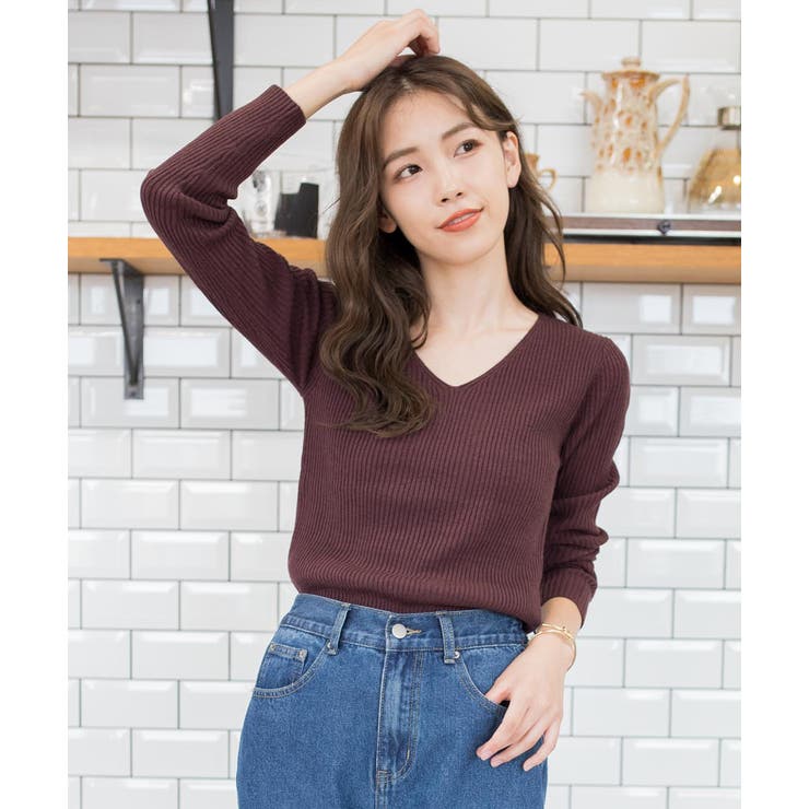 Vネック×ブラウン | 選べる2タイプ Vネック＆タートルネックリブニットトップス ニット | ad thie