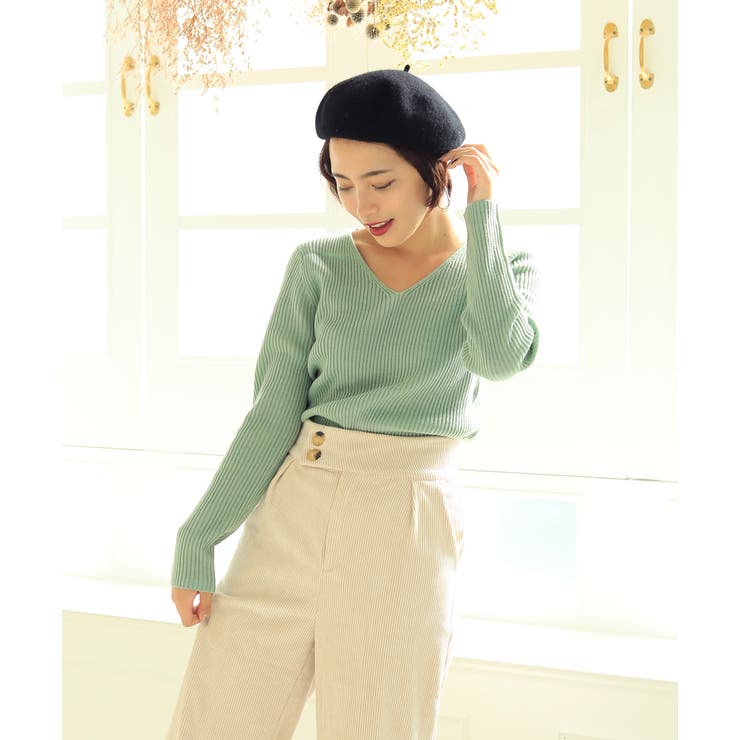 Vネック×ミント | 選べる2タイプ Vネック＆タートルネックリブニットトップス ニット | ad thie