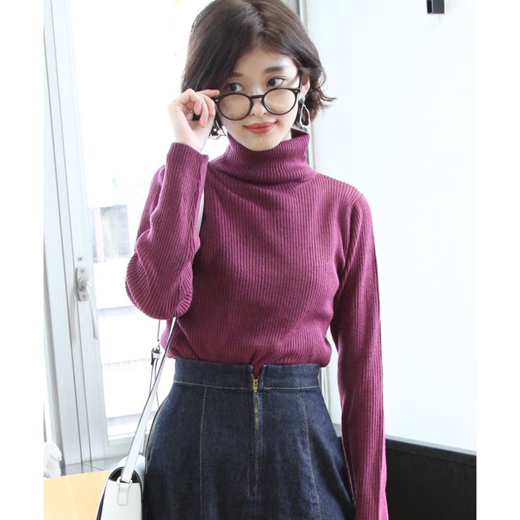 タートル×ピンクパープル | 選べる2タイプ Vネック＆タートルネックリブニットトップス ニット | ad thie