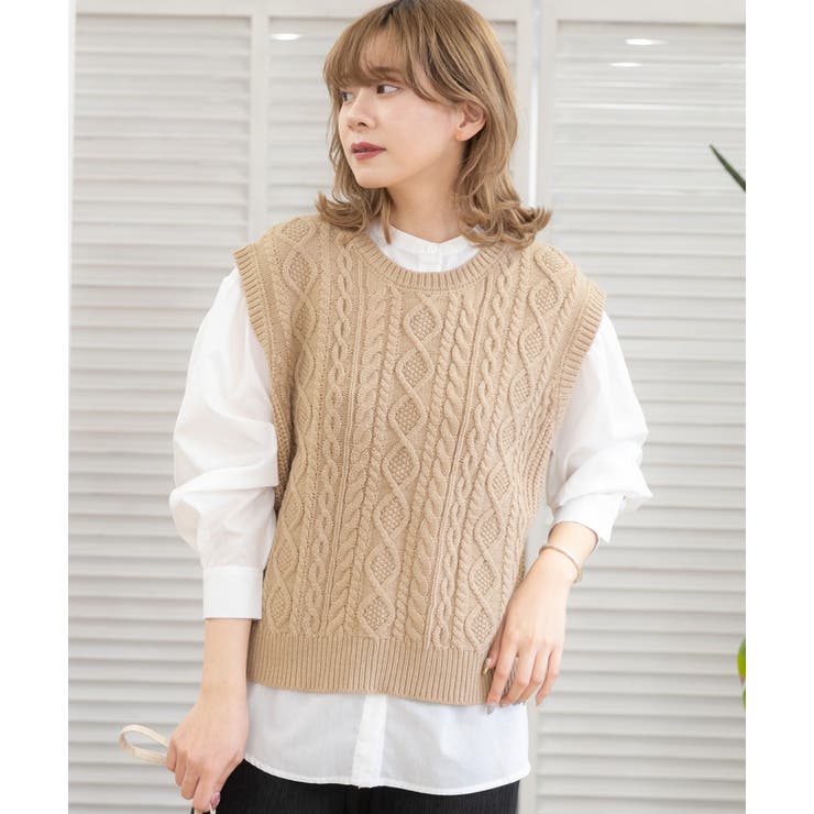 美品♪自由区 大きいサイズ44【リバーシブル】ニットダウンベスト ケーブル編み GOLDJAPAN 大きいサイズ レディース トップス ベスト ニット