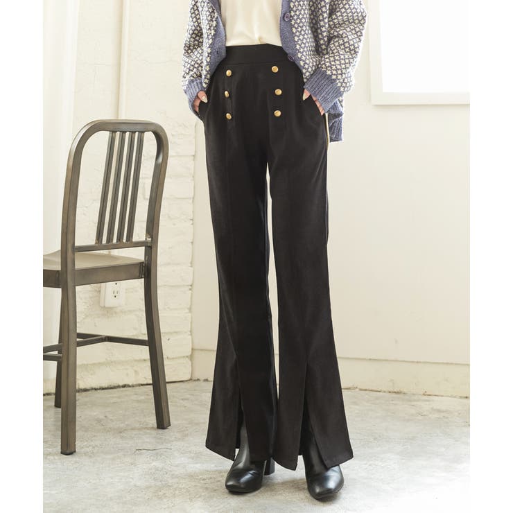 ブラック | センターシームスリットパンツ マリンボタン セミフレア | ad thie