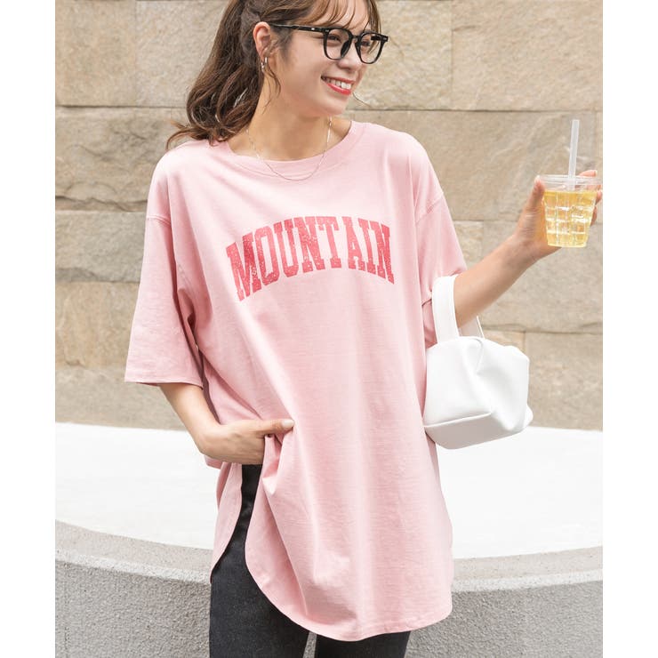 ピンク | ラウンドサイドスリット グランジロゴTシャツ | ad thie