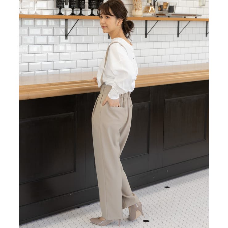 取外しサスペンダー付きタックテーパードパンツ ハイウエスト