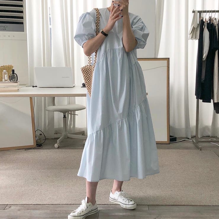 ティアード ワンピース 半袖 パフスリーブ フリル 白 チュニック