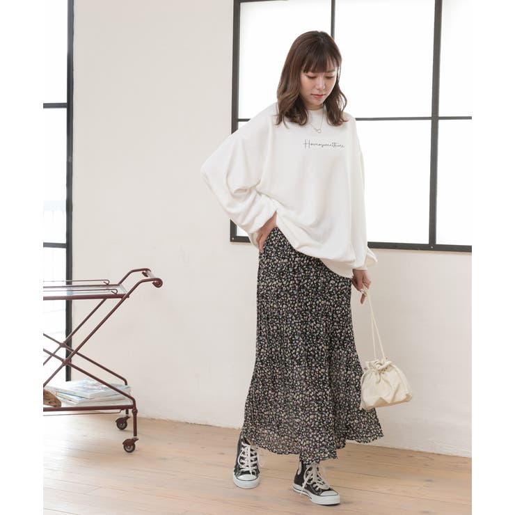 ロングスカート プリーツ 小花柄 シフォンタッチ ウエストゴム