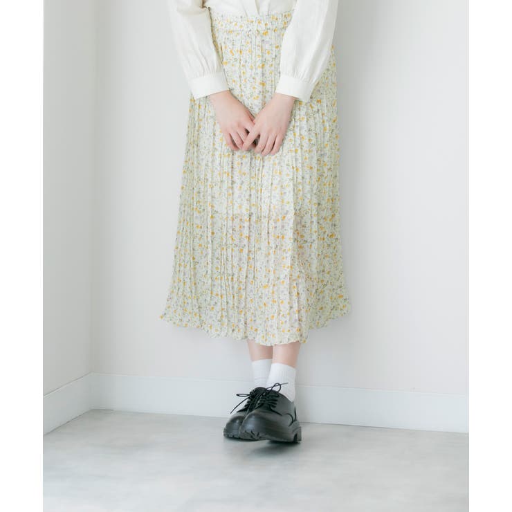 ロングスカート プリーツ 小花柄 シフォンタッチ ウエストゴム ロングスカート プリーツ 小花柄 シフォンタッチ ウエストゴム
