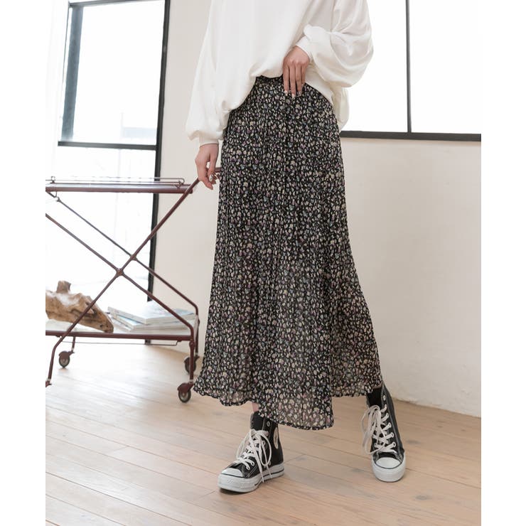 ロングスカート プリーツ 小花柄 シフォンタッチ ウエストゴム[品番 