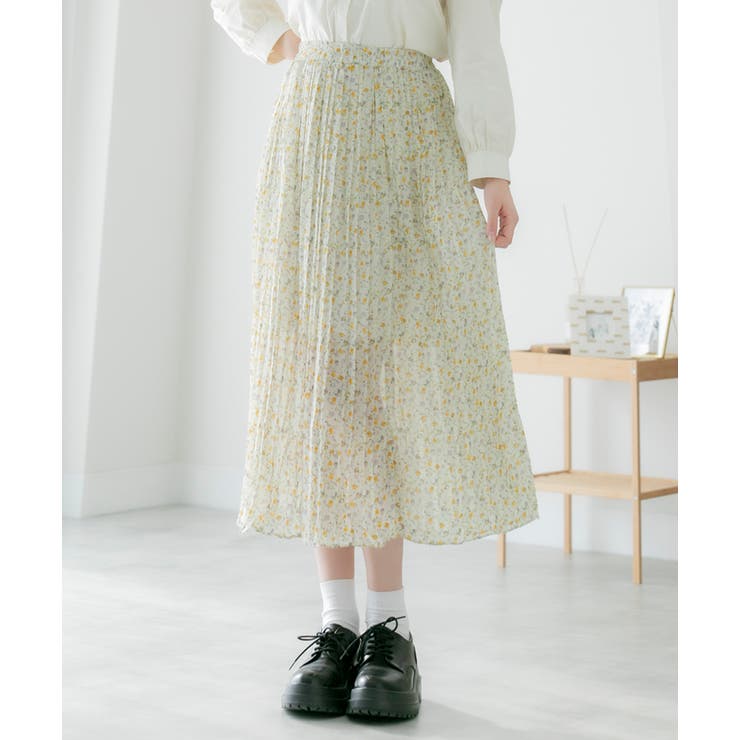 アイボリー | ロングスカート プリーツ 小花柄 シフォンタッチ ウエストゴム | ad thie
