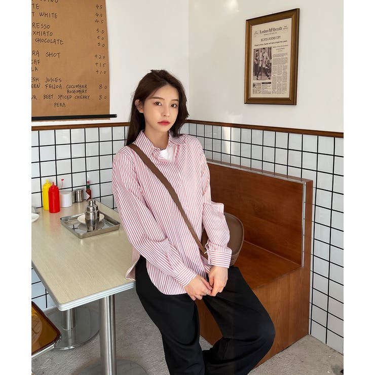 正規品 ETRETOKYO サイドスリットストライプシャツ ピンクベージュ