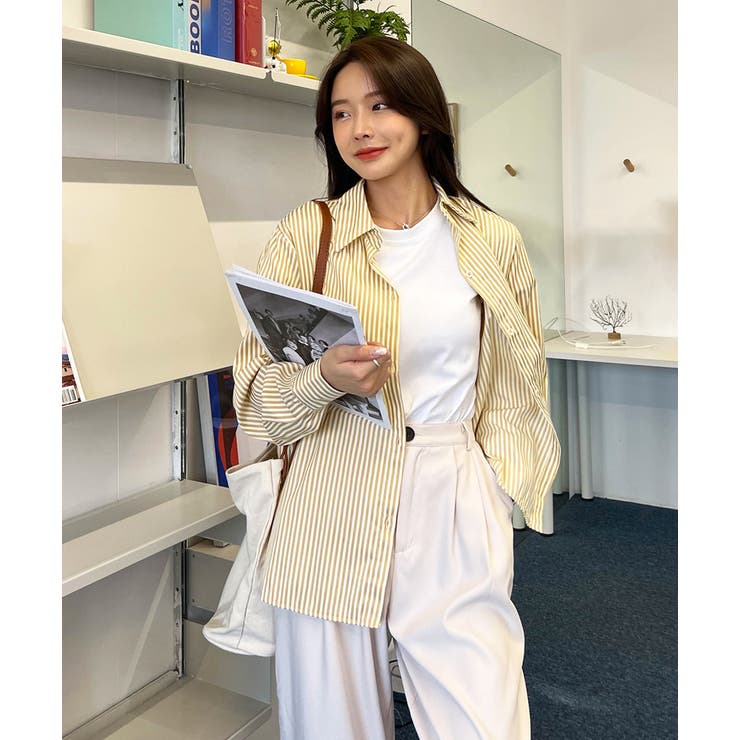 パステルカラー サイドスリット ストライプ柄シャツ | ad thie | 詳細画像19 