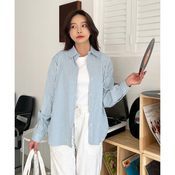 パステルカラー サイドスリット ストライプ柄シャツ | ad thie | 詳細画像2 