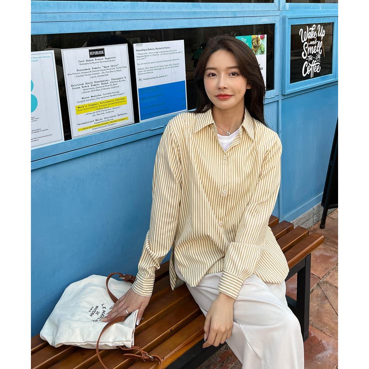 パステルカラー サイドスリット ストライプ柄シャツ | ad thie | 詳細画像21 