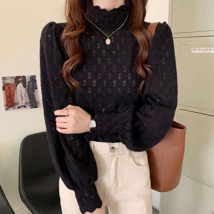 ブラック | 花柄起毛透かしレースプルオーバー | ad thie