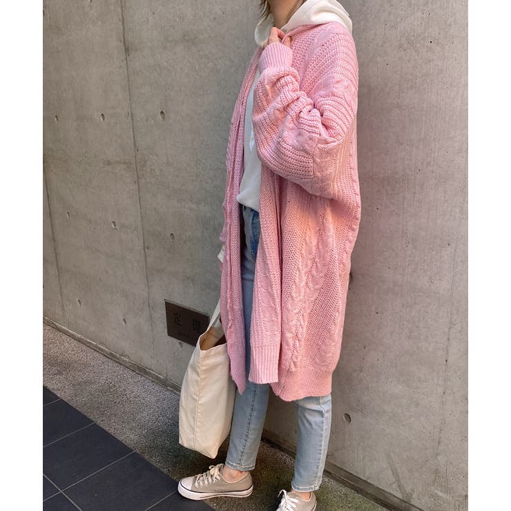 ピンク | ニットカーディガン ケーブル ショールカラー | ad thie