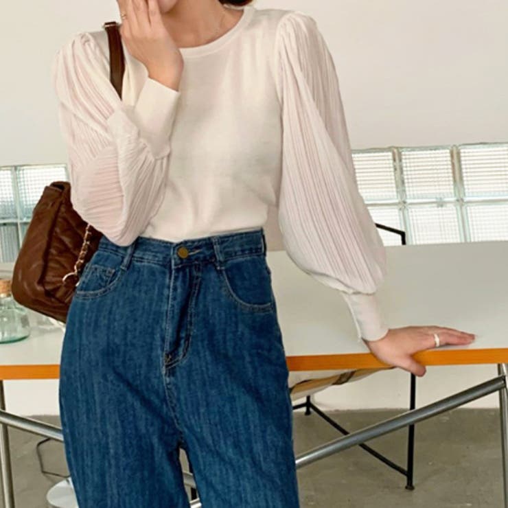 オフホワイト1 | プリーツスリーブニット シフォン 切替 | ad thie