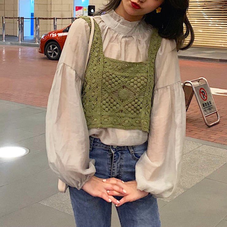 グリーン１ | 透かし編みクロシェショートベスト | ad thie