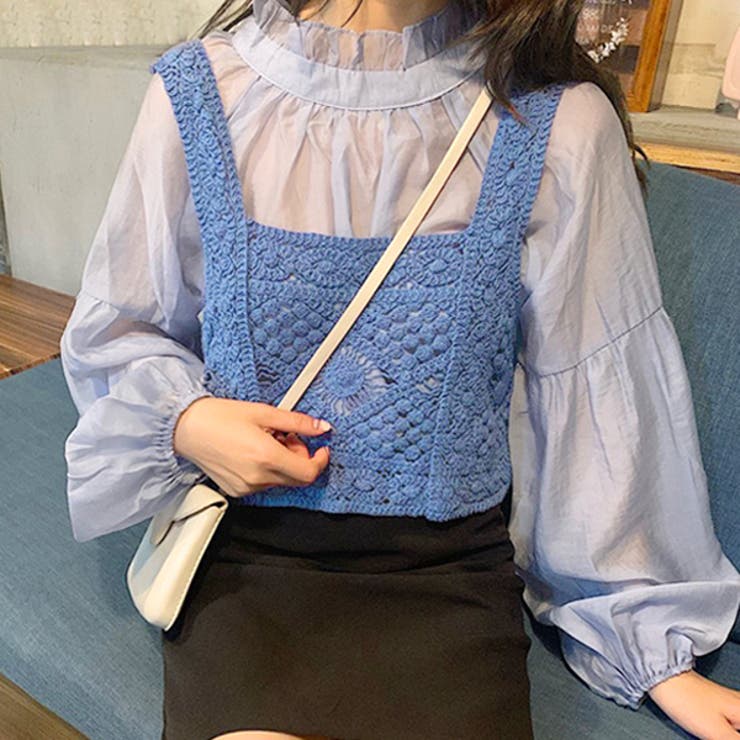 ブルー１ | 透かし編みクロシェショートベスト | ad thie