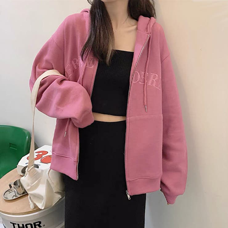 ピンク | ロゴ刺繍ベーシックジップアップパーカー | ad thie