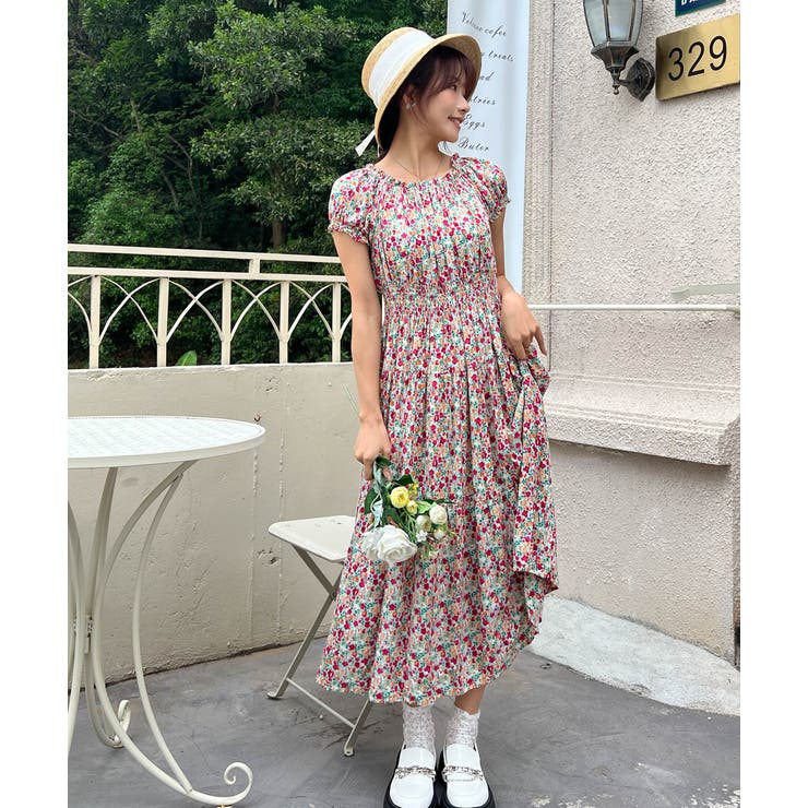 ライトグリーン | シャーリングティアード 小花柄2WAYワンピース | ad thie