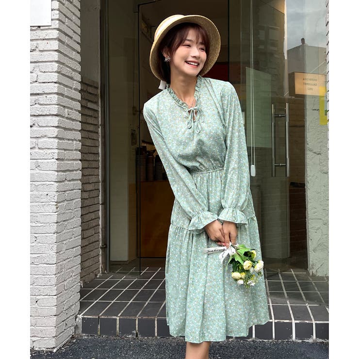 キャンディースリーブ小花柄長袖ワンピース[品番：ADEW0003578