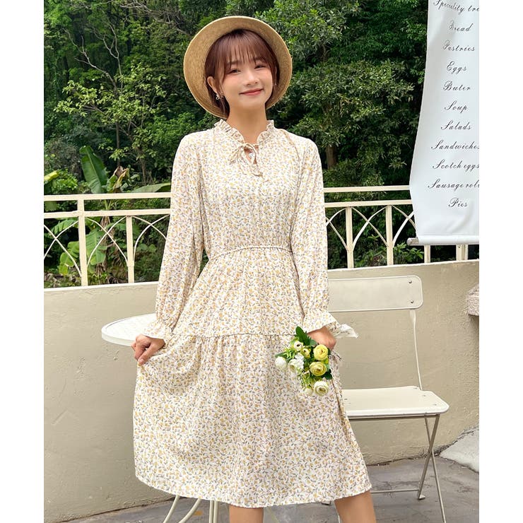 アイボリー | キャンディースリーブ小花柄長袖ワンピース | ad thie