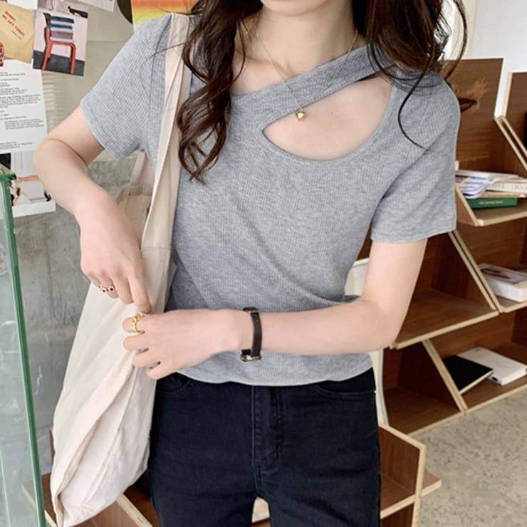 グレー | リブニット オープンショルダートップス | ad thie