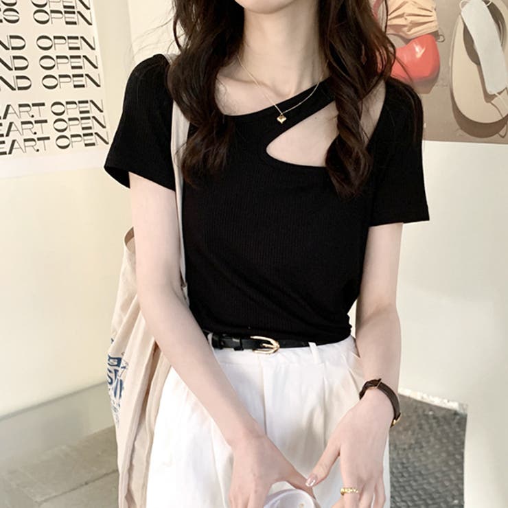 ブラック | リブニット オープンショルダートップス | ad thie