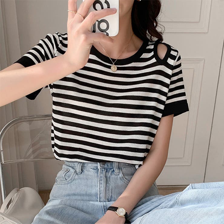 ちらっと肩見せ ボーダーサマーニット | ad thie | 詳細画像2 