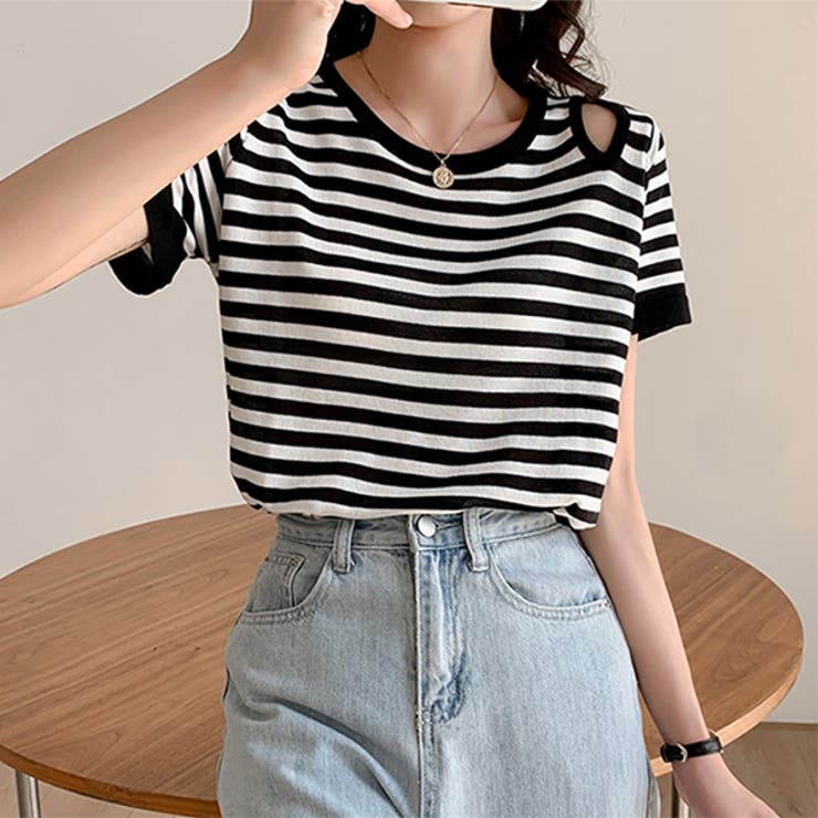 ちらっと肩見せ ボーダーサマーニット | ad thie | 詳細画像3 