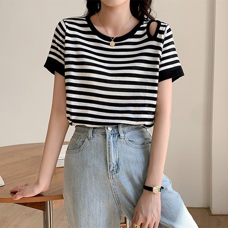 ちらっと肩見せ ボーダーサマーニット | ad thie | 詳細画像4 