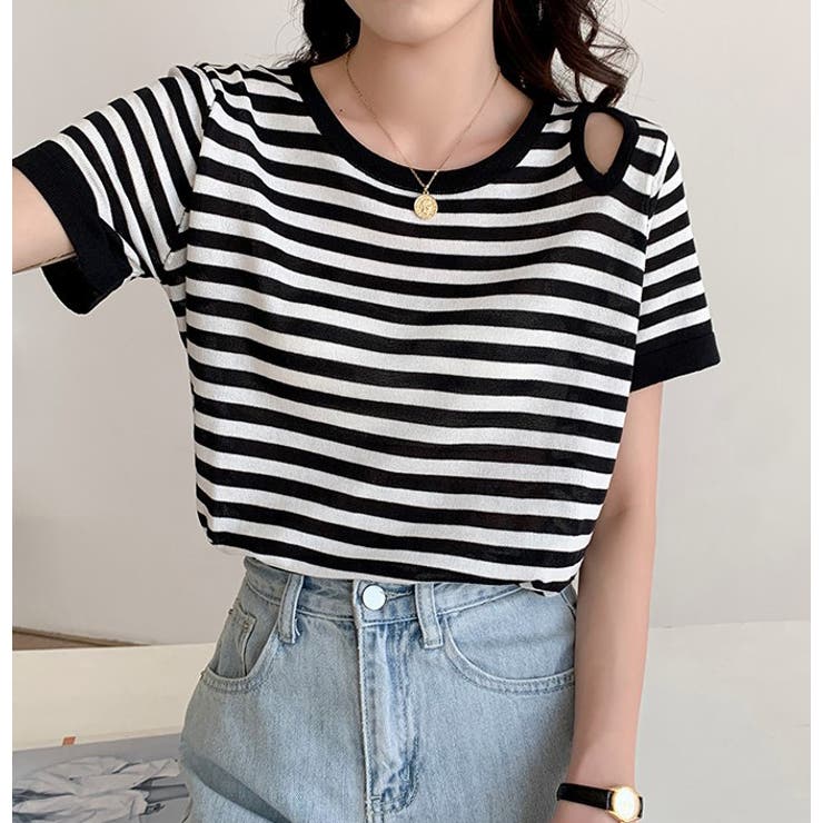 ブラック | ちらっと肩見せ ボーダーサマーニット | ad thie