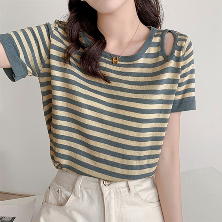 ブルー | ちらっと肩見せ ボーダーサマーニット | ad thie