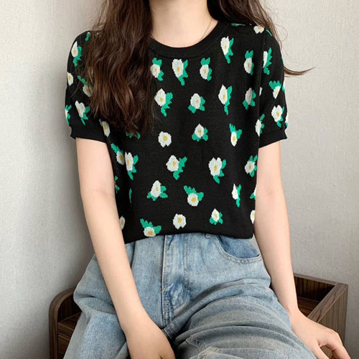 極美品　イタリア製　アミーユ　カットソー　サマーニット　花柄　マルチカラー　36 ショート丈 花柄サマーニット[品番：ADEW0003708]｜ad thie