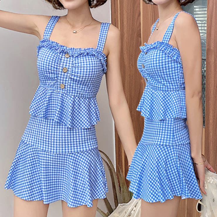 ライトブルー | タンキニ セパレート チェックフリルビキニ | ad thie