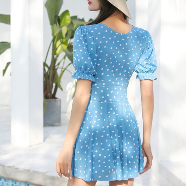 PHARFAITE デニム柄ワンピーススイムウェア スクエアドット柄 ワンピース柄スイムウエア[品番：ADEW0003693]｜ad