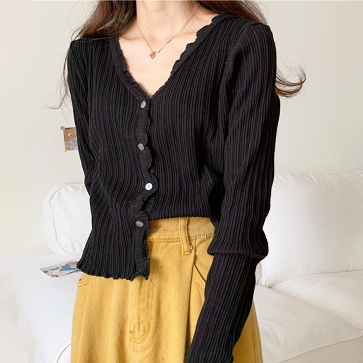 ブラック | フリルメローランダムリブカーディガン | ad thie