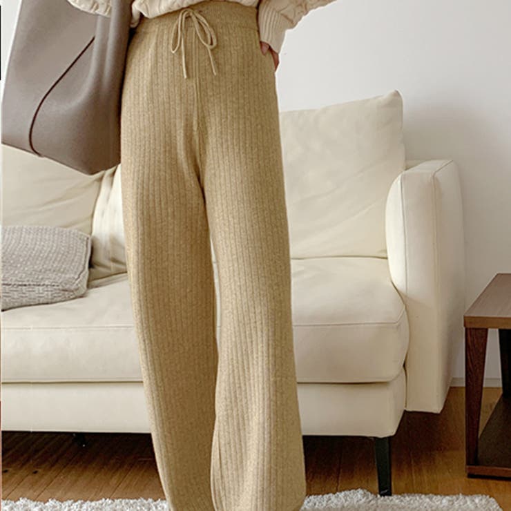 ベージュ | あったかリブニット ストレートイージーパンツ | ad thie